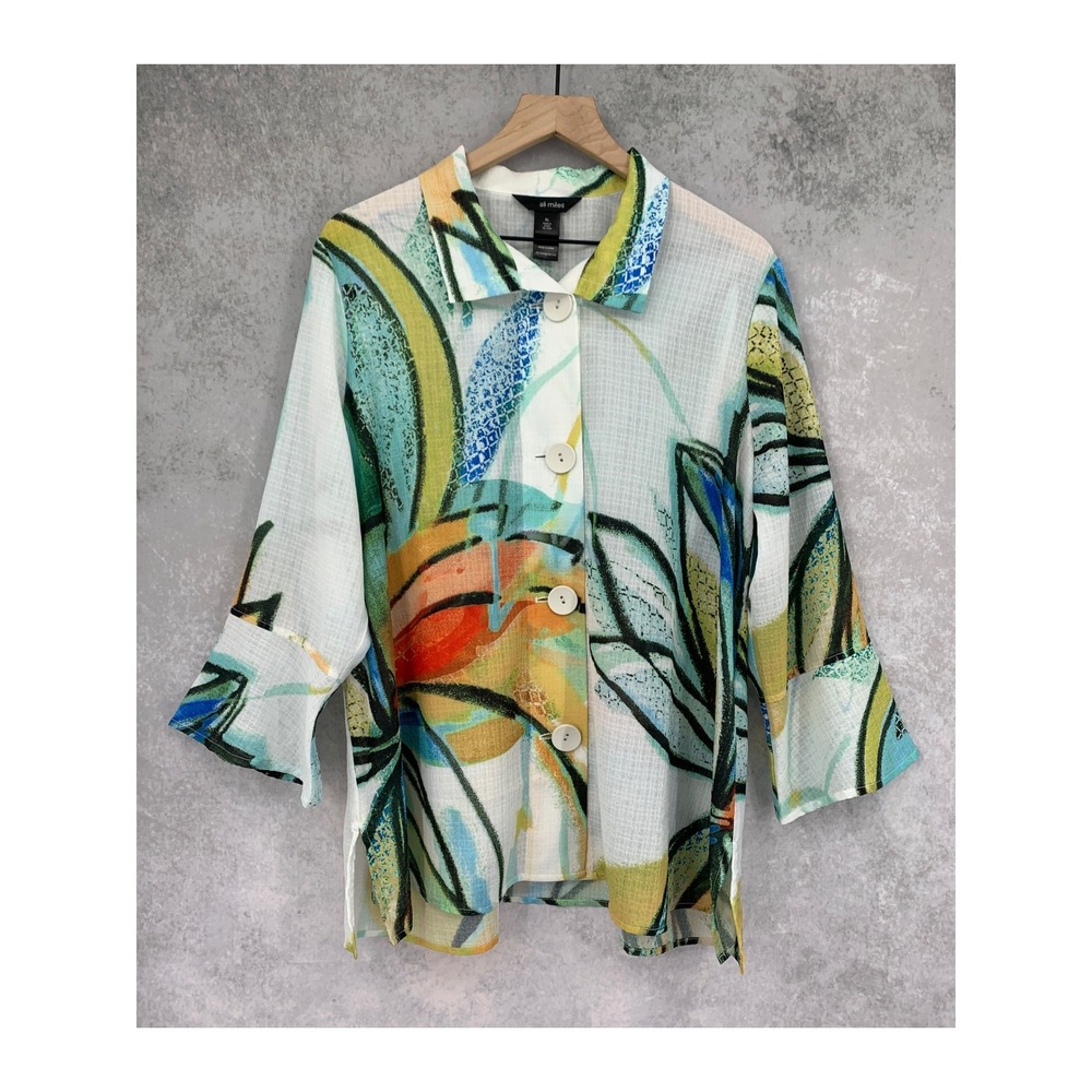 Ali Miles Shirt Women XL White Abstract Floral 3/4 Sleeve Textured Blouse Sheer